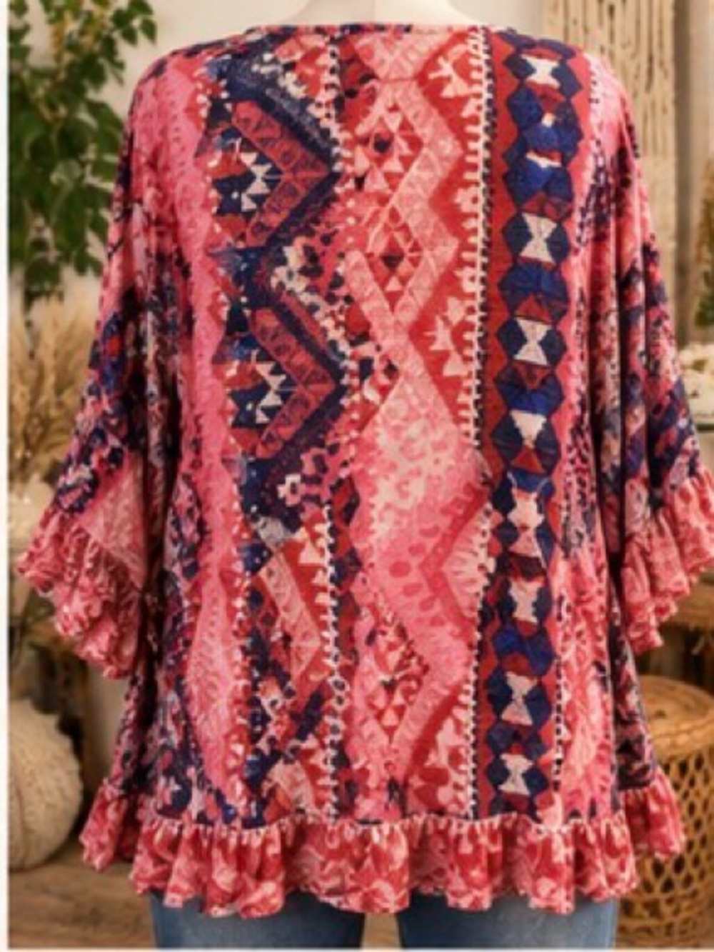Avenue - Pink & Navy Geometric Boho style - Ruffle fisted half Sleeve Tunic - Picture 6 of 7